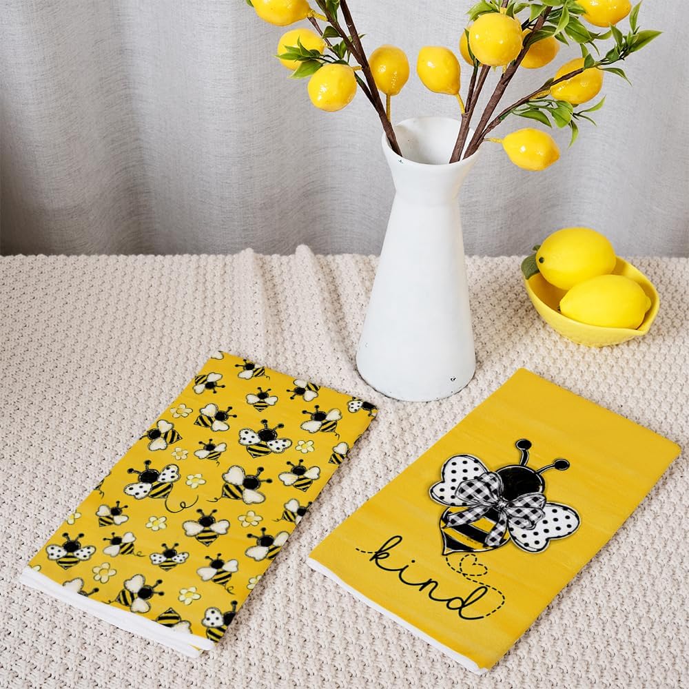 Yellow Bee Summer Kitchen Towels Dish Towels Set of 2,Be Kind Spring Hand Towels 18x26 Inch Drying Dishcloth,Farmhouse Home Seasonal Holiday Summer Decorations AD299
