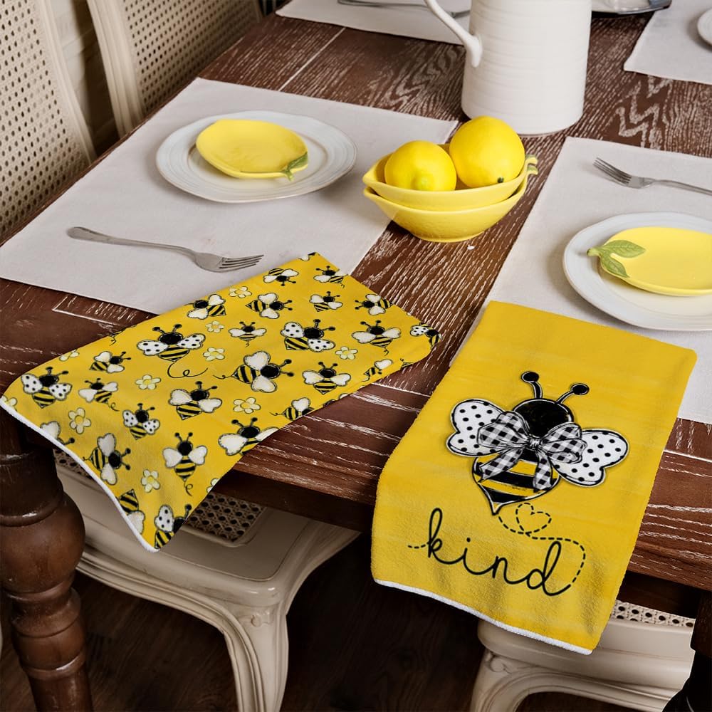 Yellow Bee Summer Kitchen Towels Dish Towels Set of 2,Be Kind Spring Hand Towels 18x26 Inch Drying Dishcloth,Farmhouse Home Seasonal Holiday Summer Decorations AD299
