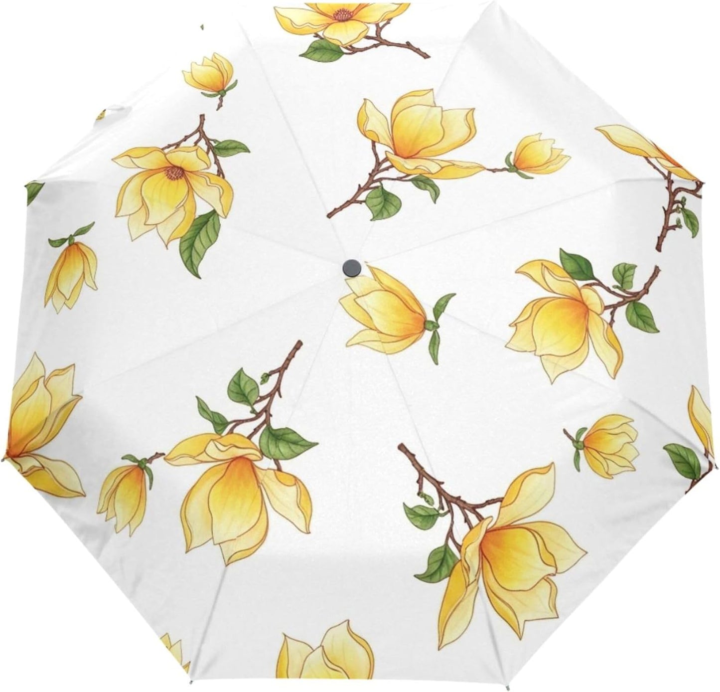 Automatic Open Compact Travel Umbrella Collapsible, Aesthetic Floral Rain Umbrellas for Adults, Yellow Magnolia Flowers, 42.5x24inch