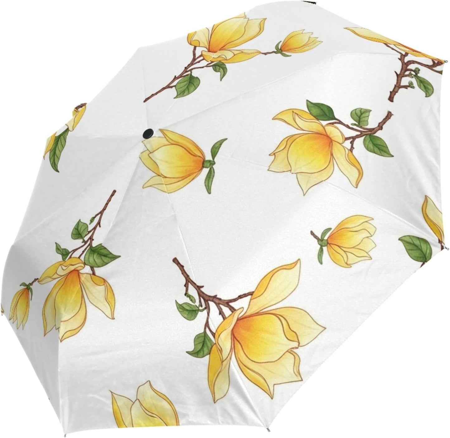 Automatic Open Compact Travel Umbrella Collapsible, Aesthetic Floral Rain Umbrellas for Adults, Yellow Magnolia Flowers, 42.5x24inch
