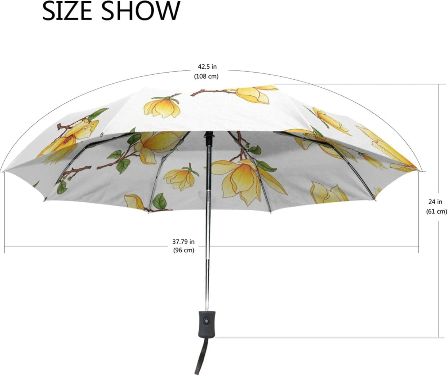 Automatic Open Compact Travel Umbrella Collapsible, Aesthetic Floral Rain Umbrellas for Adults, Yellow Magnolia Flowers, 42.5x24inch
