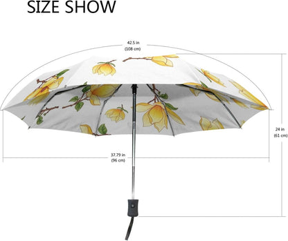 Automatic Open Compact Travel Umbrella Collapsible, Aesthetic Floral Rain Umbrellas for Adults, Yellow Magnolia Flowers, 42.5x24inch