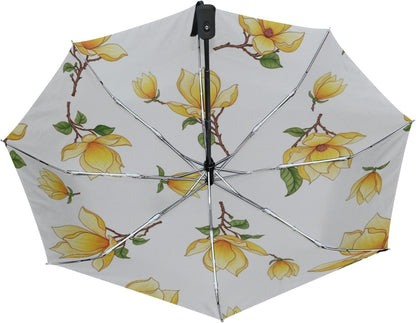 Automatic Open Compact Travel Umbrella Collapsible, Aesthetic Floral Rain Umbrellas for Adults, Yellow Magnolia Flowers, 42.5x24inch