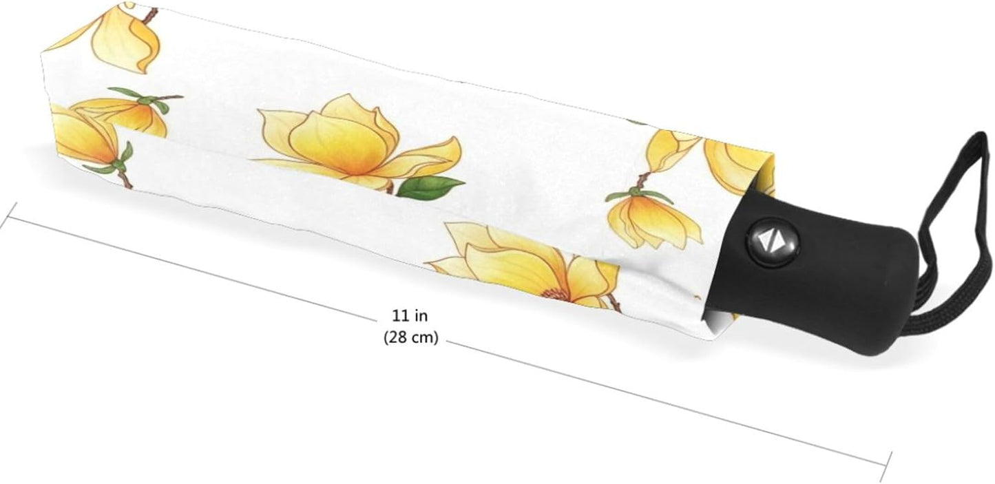 Automatic Open Compact Travel Umbrella Collapsible, Aesthetic Floral Rain Umbrellas for Adults, Yellow Magnolia Flowers, 42.5x24inch