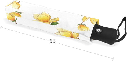Automatic Open Compact Travel Umbrella Collapsible, Aesthetic Floral Rain Umbrellas for Adults, Yellow Magnolia Flowers, 42.5x24inch