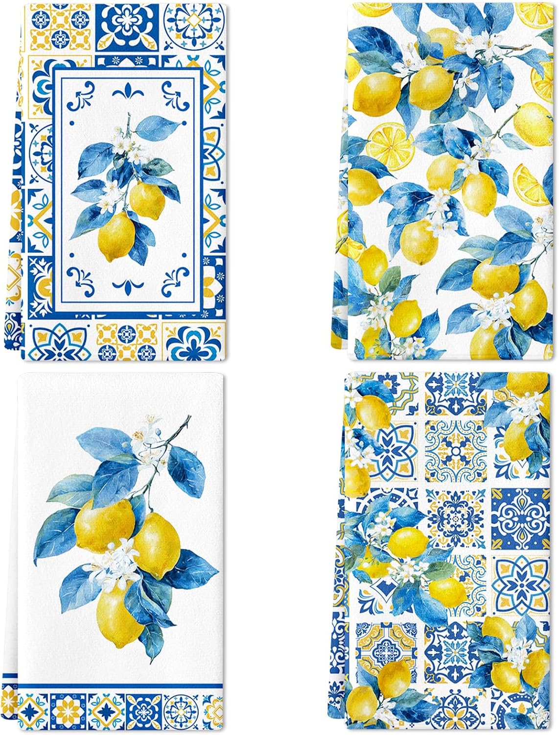 Lemon Kitchen Towels Set of 4, Chinoiserie Lemon Dish Tea Towels,16x24 Inch | Italian Capri Tiles Lemon Design, Decorative Hand Bathroom Towel for Summer Holiday, Housewarming, Amalfi Coast Decor