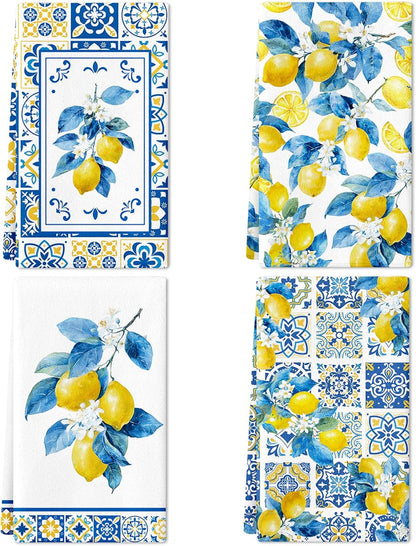 Lemon Kitchen Towels Set of 4, Chinoiserie Lemon Dish Tea Towels,16x24 Inch | Italian Capri Tiles Lemon Design, Decorative Hand Bathroom Towel for Summer Holiday, Housewarming, Amalfi Coast Decor