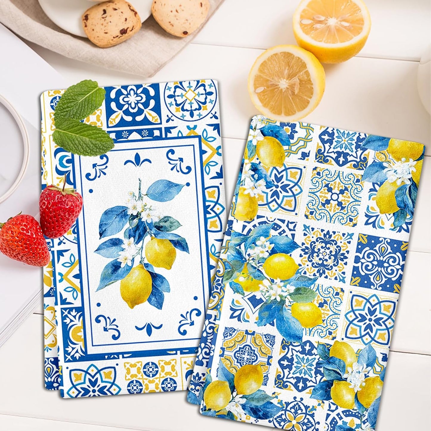 Lemon Kitchen Towels Set of 4, Chinoiserie Lemon Dish Tea Towels,16x24 Inch | Italian Capri Tiles Lemon Design, Decorative Hand Bathroom Towel for Summer Holiday, Housewarming, Amalfi Coast Decor