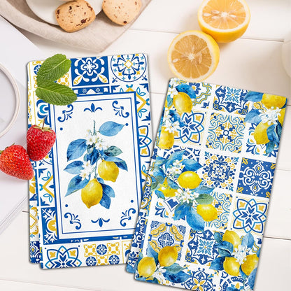 Lemon Kitchen Towels Set of 4, Chinoiserie Lemon Dish Tea Towels,16x24 Inch | Italian Capri Tiles Lemon Design, Decorative Hand Bathroom Towel for Summer Holiday, Housewarming, Amalfi Coast Decor