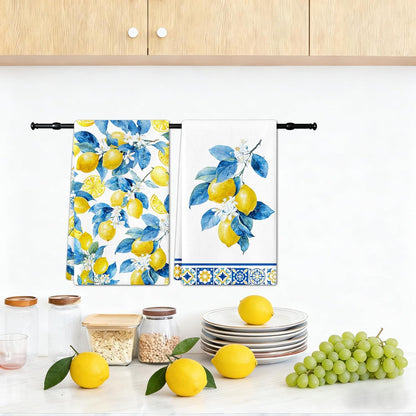 Lemon Kitchen Towels Set of 4, Chinoiserie Lemon Dish Tea Towels,16x24 Inch | Italian Capri Tiles Lemon Design, Decorative Hand Bathroom Towel for Summer Holiday, Housewarming, Amalfi Coast Decor