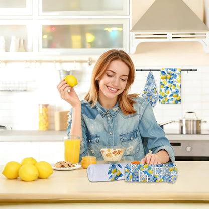 Lemon Kitchen Towels Set of 4, Chinoiserie Lemon Dish Tea Towels,16x24 Inch | Italian Capri Tiles Lemon Design, Decorative Hand Bathroom Towel for Summer Holiday, Housewarming, Amalfi Coast Decor