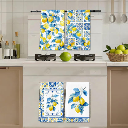 Lemon Kitchen Towels Set of 4, Chinoiserie Lemon Dish Tea Towels,16x24 Inch | Italian Capri Tiles Lemon Design, Decorative Hand Bathroom Towel for Summer Holiday, Housewarming, Amalfi Coast Decor