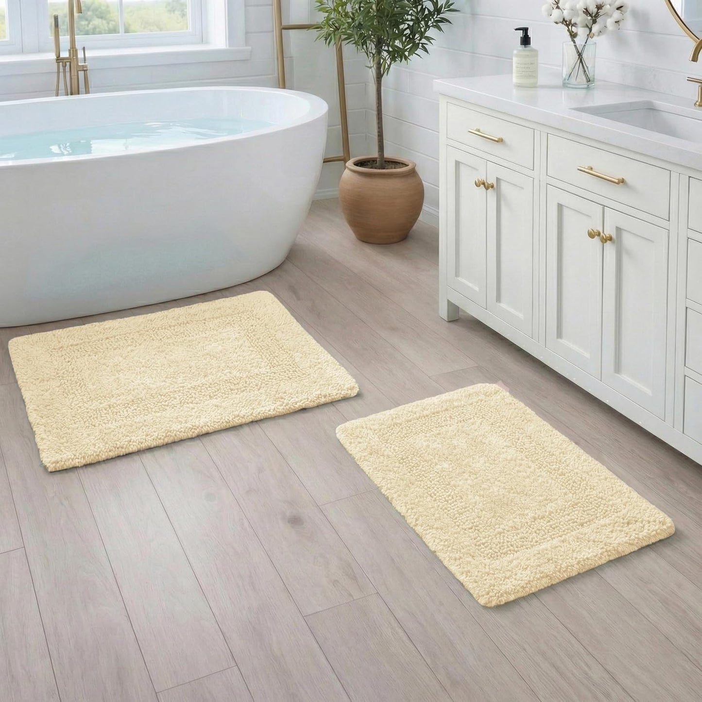 Set of 2 Reversible Bath Rug 21x32/17x24 Inch, Light Yellow | Cotton Absorbent Bathmat for Bathroom, Washable Toilet Throw Thick Mat