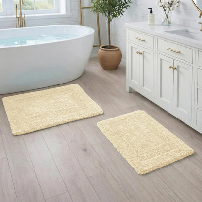 Set of 2 Reversible Bath Rug 21x32/17x24 Inch, Light Yellow | Cotton Absorbent Bathmat for Bathroom, Washable Toilet Throw Thick Mat