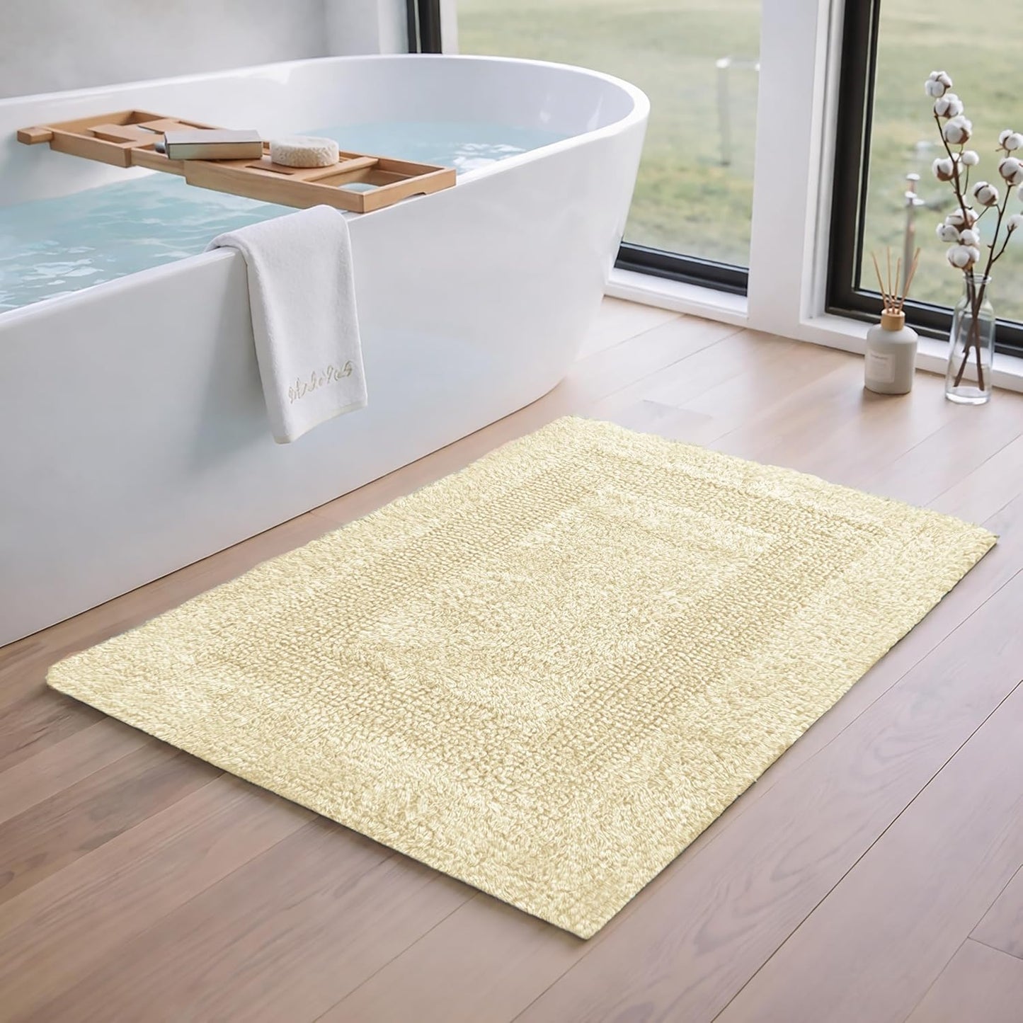 Set of 2 Reversible Bath Rug 21x32/17x24 Inch, Light Yellow | Cotton Absorbent Bathmat for Bathroom, Washable Toilet Throw Thick Mat