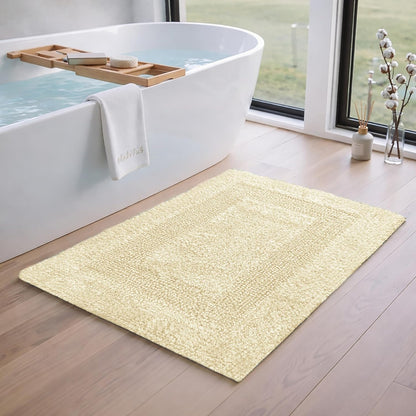 Set of 2 Reversible Bath Rug 21x32/17x24 Inch, Light Yellow | Cotton Absorbent Bathmat for Bathroom, Washable Toilet Throw Thick Mat