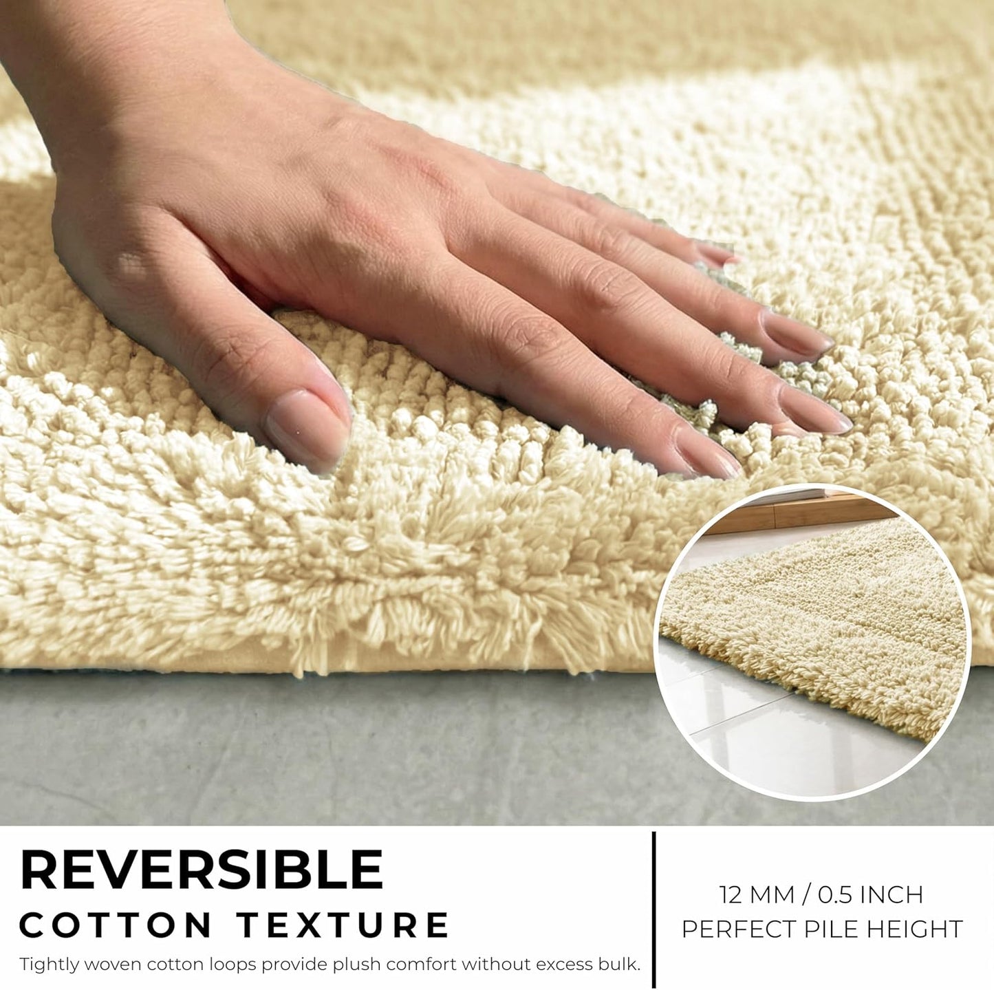 Set of 2 Reversible Bath Rug 21x32/17x24 Inch, Light Yellow | Cotton Absorbent Bathmat for Bathroom, Washable Toilet Throw Thick Mat
