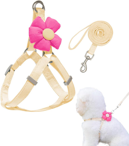 Dog Harness Collar and Leash Set, Sweet Floral Puppy Collar, Escape Proof Puppy Chest Harness, Adjustable Cute Harness Leash Set for Small Dog Cat Outdoor Walking Running Hiking (Beige-Yellow, S)