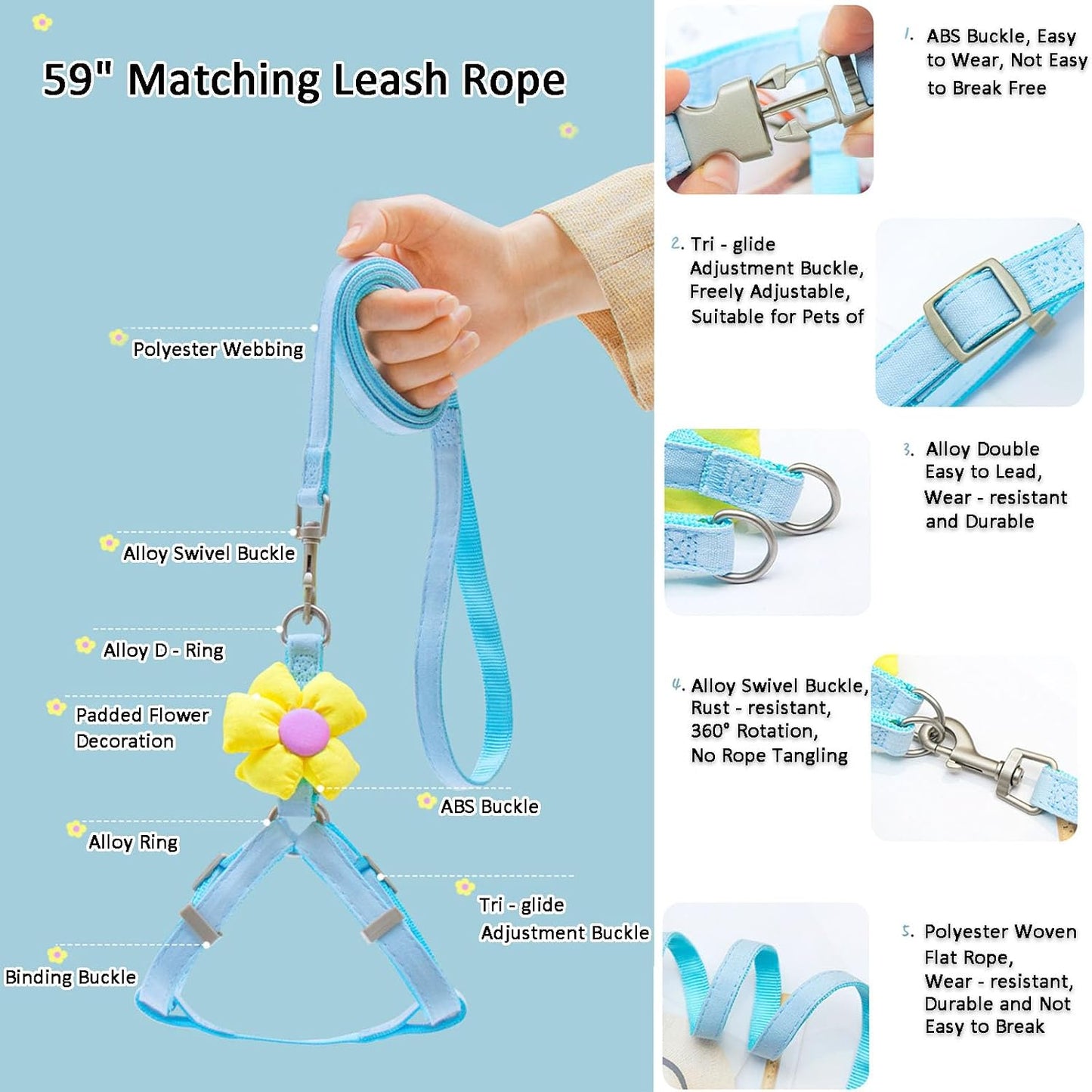 Dog Harness Collar and Leash Set, Sweet Floral Puppy Collar, Escape Proof Puppy Chest Harness, Adjustable Cute Harness Leash Set for Small Dog Cat Outdoor Walking Running Hiking (Beige-Yellow, S)