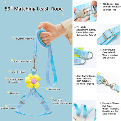 Dog Harness Collar and Leash Set, Sweet Floral Puppy Collar, Escape Proof Puppy Chest Harness, Adjustable Cute Harness Leash Set for Small Dog Cat Outdoor Walking Running Hiking (Beige-Yellow, S)