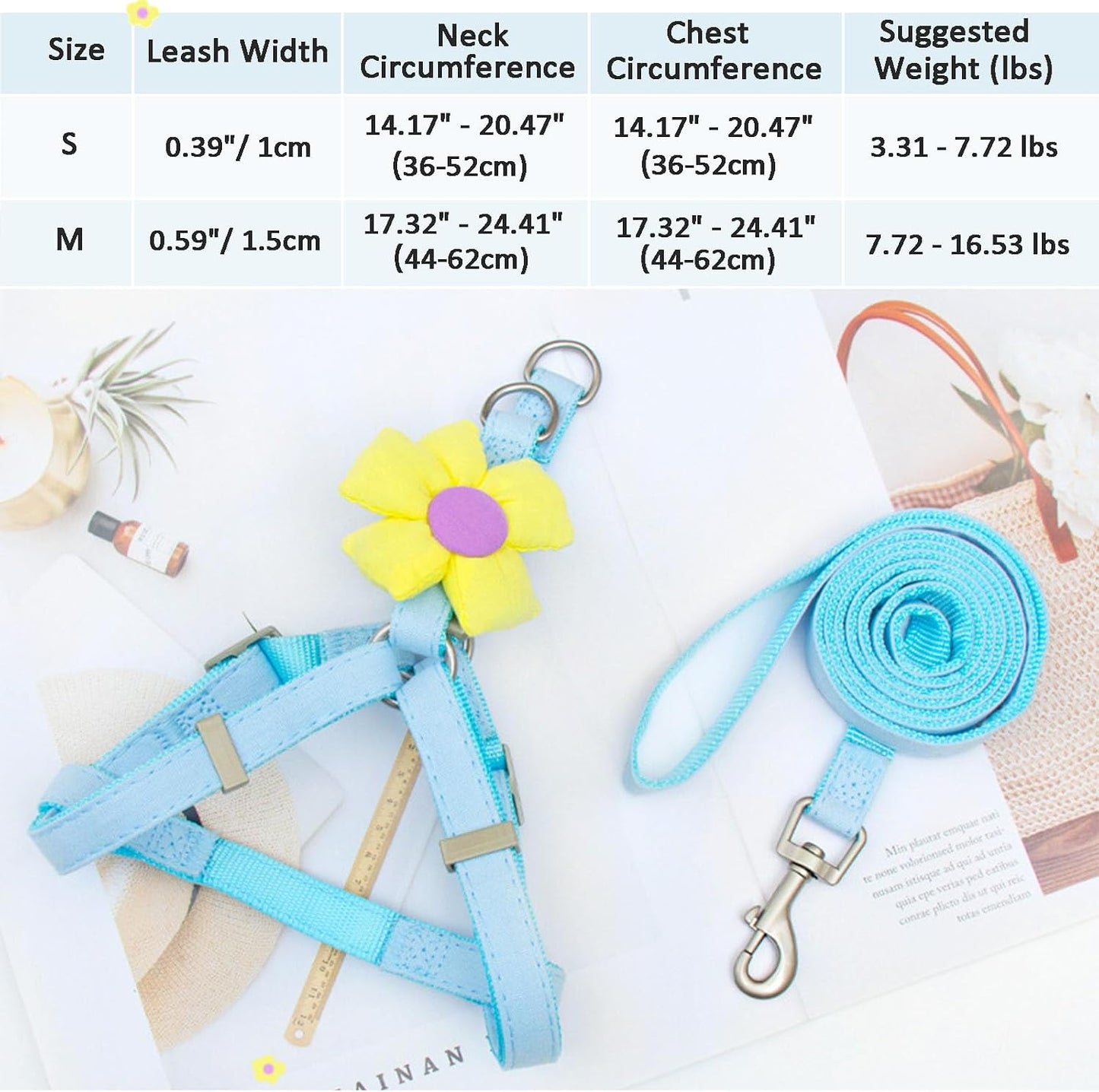Dog Harness Collar and Leash Set, Sweet Floral Puppy Collar, Escape Proof Puppy Chest Harness, Adjustable Cute Harness Leash Set for Small Dog Cat Outdoor Walking Running Hiking (Beige-Yellow, S)