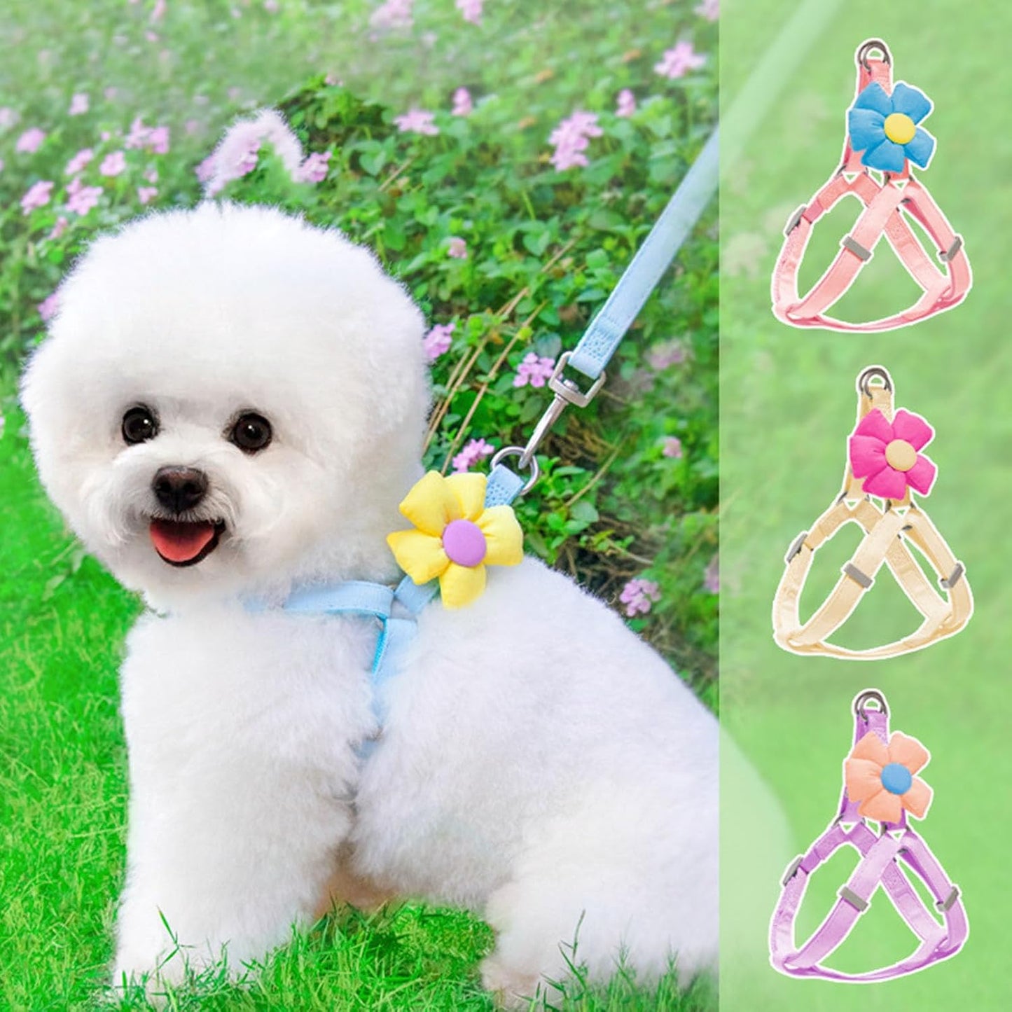 Dog Harness Collar and Leash Set, Sweet Floral Puppy Collar, Escape Proof Puppy Chest Harness, Adjustable Cute Harness Leash Set for Small Dog Cat Outdoor Walking Running Hiking (Beige-Yellow, S)