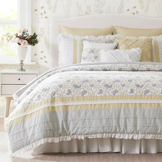 Dawn 100% Cotton Shabby Chic Comforter Set-Modern Cottage Design All Season Down Alternative Bedding, Matching Shams, Bedskirt, Decorative Pillows, Queen(90"x90"),, Yellow 9 Piece