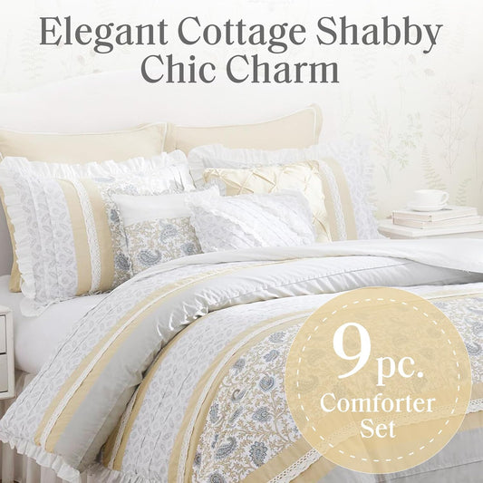 Dawn 100% Cotton Shabby Chic Comforter Set-Modern Cottage Design All Season Down Alternative Bedding, Matching Shams, Bedskirt, Decorative Pillows, Queen(90"x90"),, Yellow 9 Piece
