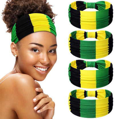 4 Pack Jamaican Flag Wide Headbands for Women, Black Green Gold Elastic Turban Hair Wrap, Jamaica Independence Day Reggae Rasta Hair Accessories Party Favors Gifts(Rasta,Green Yellow Black)