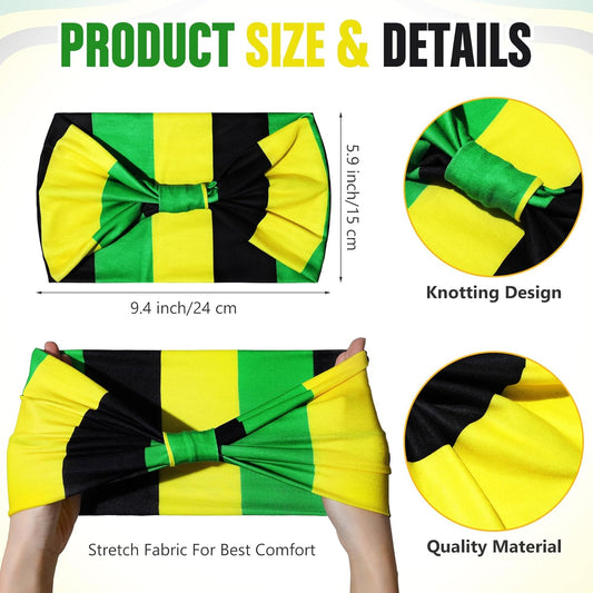 4 Pack Jamaican Flag Wide Headbands for Women, Black Green Gold Elastic Turban Hair Wrap, Jamaica Independence Day Reggae Rasta Hair Accessories Party Favors Gifts(Rasta,Green Yellow Black)