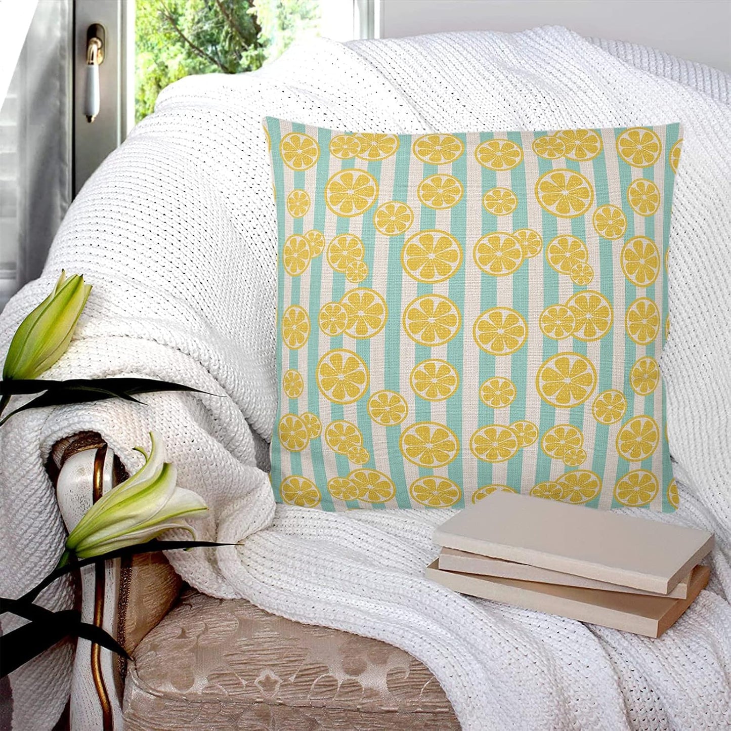 Yellow Lemon Teal Stripes Linen Background 2PCS Throw Pillow Covers for Couch Sofa Bed, Pillow Covers 18x18 inch, Standard Pillowcases Set Decorative Cushion Covers for Living Room Bedroom
