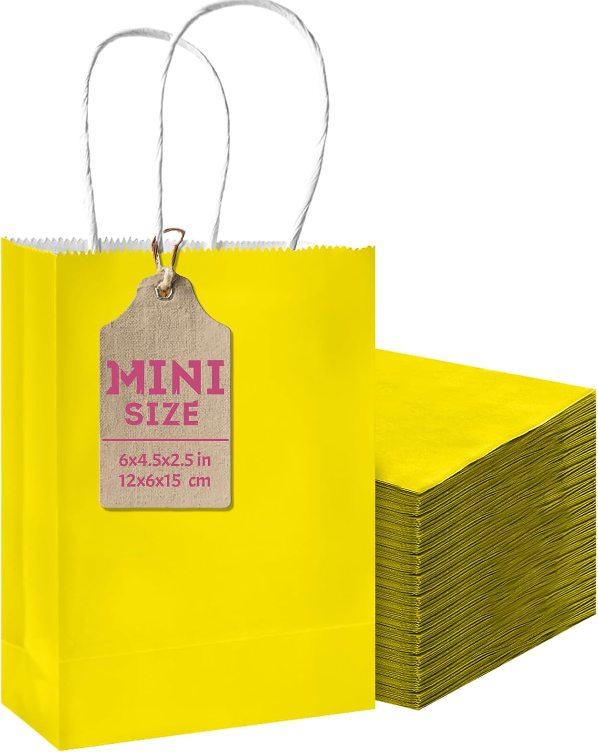 50-Packs Bright Yellow Paper Gift Bags with Handles Bulk 4.5"x2.5"x6" Mini Size Party Favor Bags Multiple Uses