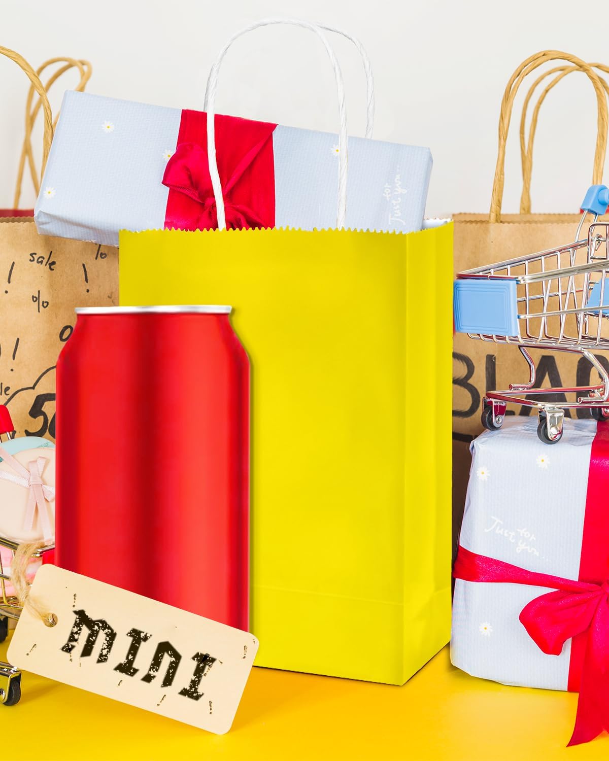 50-Packs Bright Yellow Paper Gift Bags with Handles Bulk 4.5"x2.5"x6" Mini Size Party Favor Bags Multiple Uses