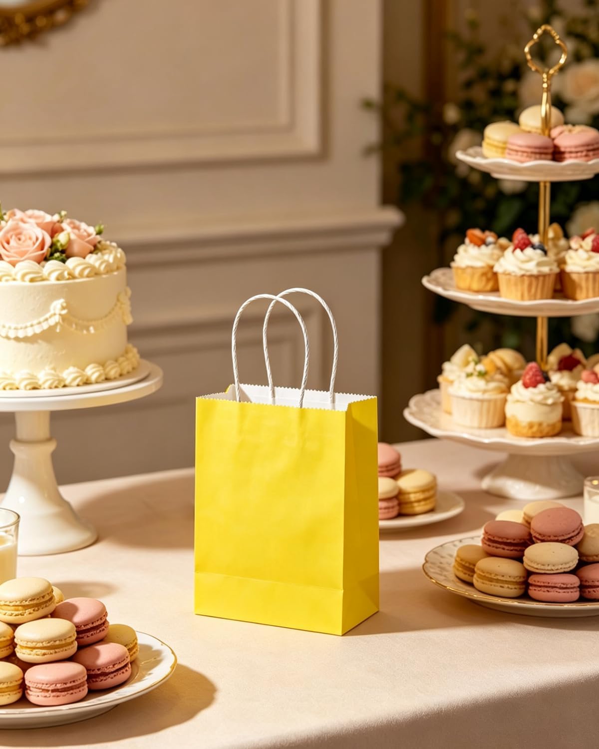 50-Packs Bright Yellow Paper Gift Bags with Handles Bulk 4.5"x2.5"x6" Mini Size Party Favor Bags Multiple Uses