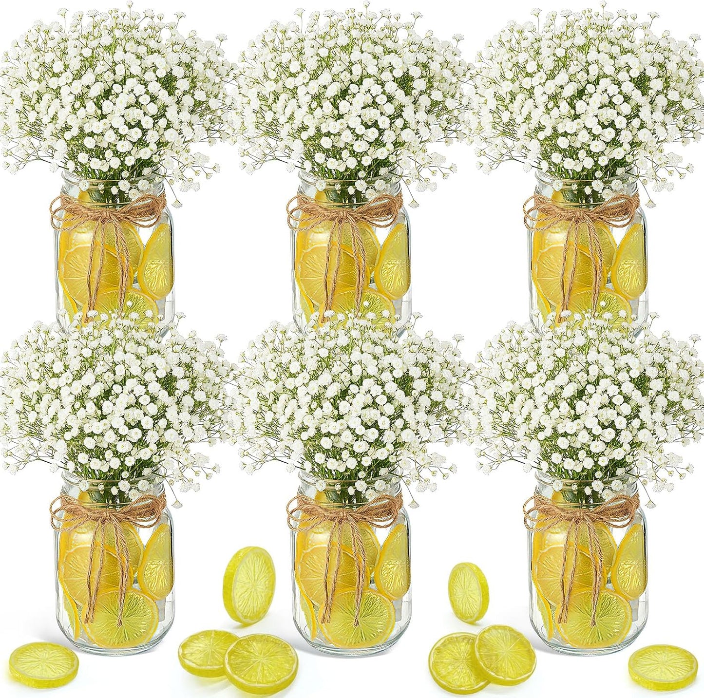 49 Pcs/6 Set Lemon Table Centerpiece Baby Breath Mason Jar with Burlap Fake Lemon Slices Gypsophila Centerpiece Decor for Engagement Party Bridal Shower Wedding Reception Picnic Table Decor
