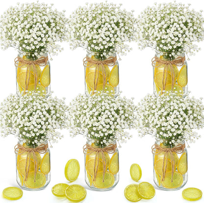 49 Pcs/6 Set Lemon Table Centerpiece Baby Breath Mason Jar with Burlap Fake Lemon Slices Gypsophila Centerpiece Decor for Engagement Party Bridal Shower Wedding Reception Picnic Table Decor