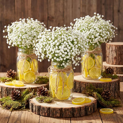 49 Pcs/6 Set Lemon Table Centerpiece Baby Breath Mason Jar with Burlap Fake Lemon Slices Gypsophila Centerpiece Decor for Engagement Party Bridal Shower Wedding Reception Picnic Table Decor