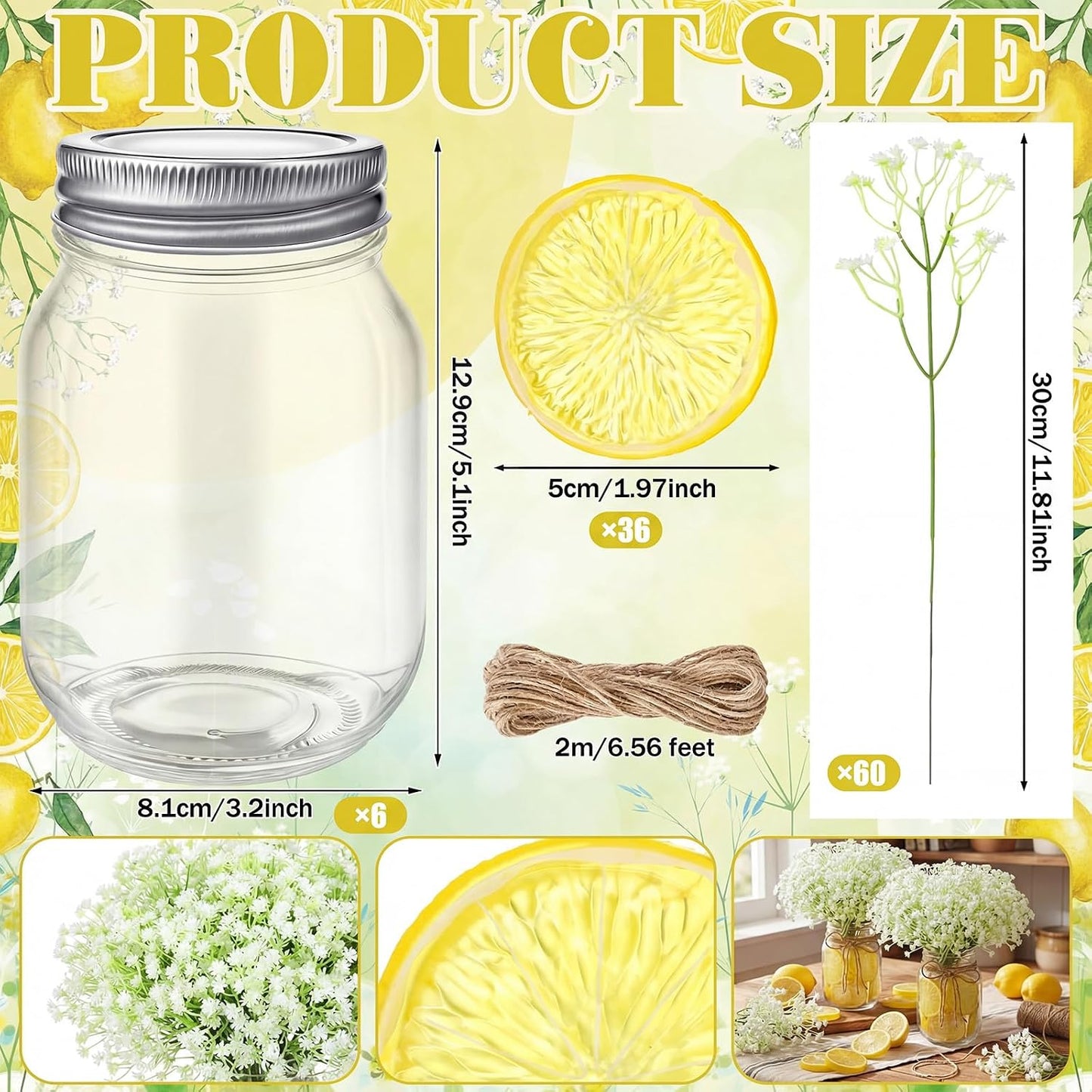 49 Pcs/6 Set Lemon Table Centerpiece Baby Breath Mason Jar with Burlap Fake Lemon Slices Gypsophila Centerpiece Decor for Engagement Party Bridal Shower Wedding Reception Picnic Table Decor