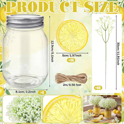 49 Pcs/6 Set Lemon Table Centerpiece Baby Breath Mason Jar with Burlap Fake Lemon Slices Gypsophila Centerpiece Decor for Engagement Party Bridal Shower Wedding Reception Picnic Table Decor