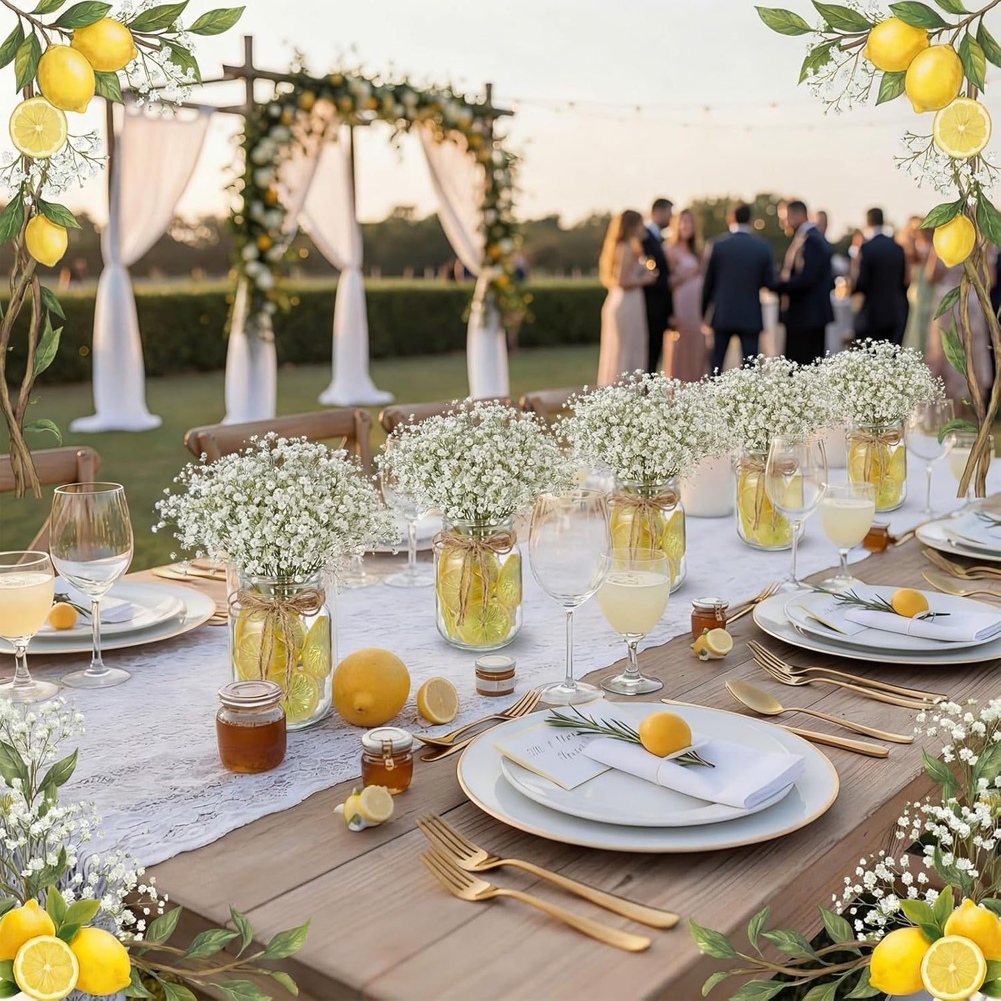49 Pcs/6 Set Lemon Table Centerpiece Baby Breath Mason Jar with Burlap Fake Lemon Slices Gypsophila Centerpiece Decor for Engagement Party Bridal Shower Wedding Reception Picnic Table Decor