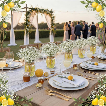 49 Pcs/6 Set Lemon Table Centerpiece Baby Breath Mason Jar with Burlap Fake Lemon Slices Gypsophila Centerpiece Decor for Engagement Party Bridal Shower Wedding Reception Picnic Table Decor