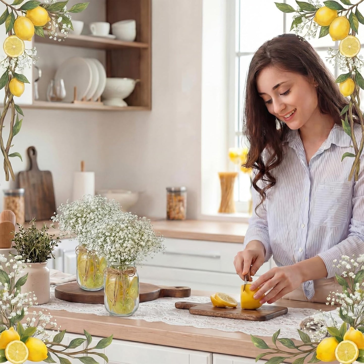 49 Pcs/6 Set Lemon Table Centerpiece Baby Breath Mason Jar with Burlap Fake Lemon Slices Gypsophila Centerpiece Decor for Engagement Party Bridal Shower Wedding Reception Picnic Table Decor