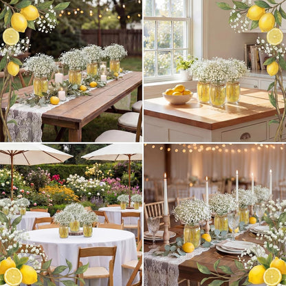 49 Pcs/6 Set Lemon Table Centerpiece Baby Breath Mason Jar with Burlap Fake Lemon Slices Gypsophila Centerpiece Decor for Engagement Party Bridal Shower Wedding Reception Picnic Table Decor