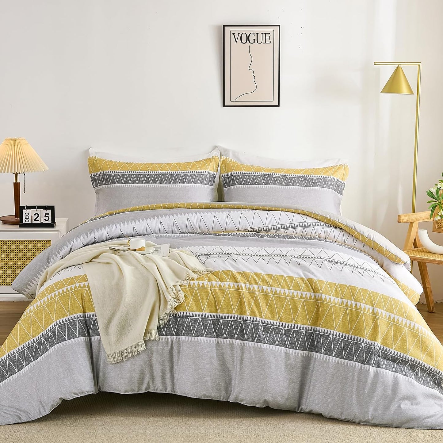 Queen Comforter Set-Yellow Grey Comforter, Reversible Boho Striped Bedding Set for Queen Bed - 3 Pieces (1 Comforter + 2 Pillowcases), Soft Microfiber Down Alternative (90"x 90")