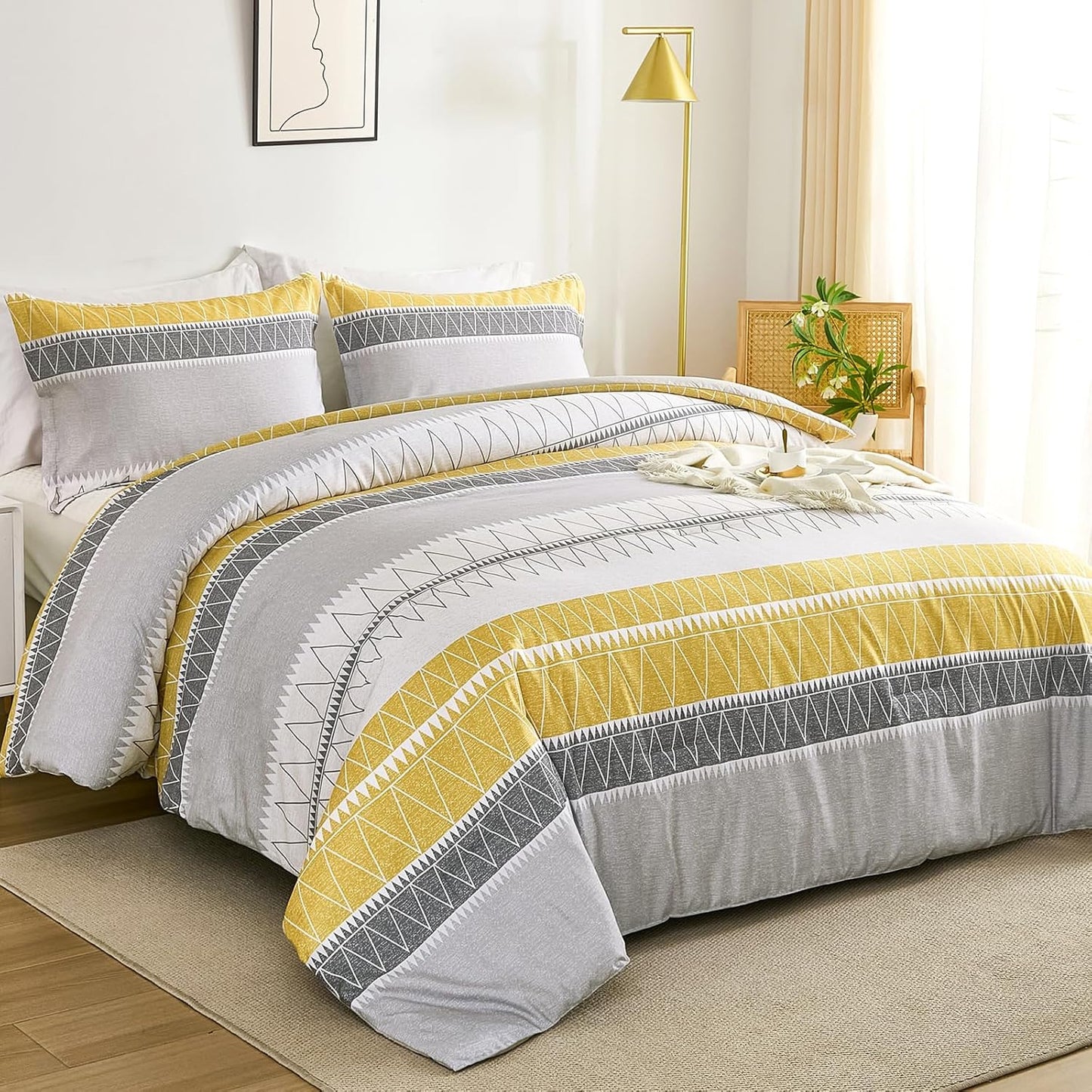 Queen Comforter Set-Yellow Grey Comforter, Reversible Boho Striped Bedding Set for Queen Bed - 3 Pieces (1 Comforter + 2 Pillowcases), Soft Microfiber Down Alternative (90"x 90")