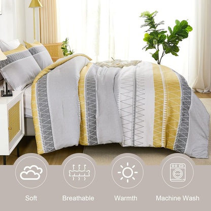 Queen Comforter Set-Yellow Grey Comforter, Reversible Boho Striped Bedding Set for Queen Bed - 3 Pieces (1 Comforter + 2 Pillowcases), Soft Microfiber Down Alternative (90"x 90")