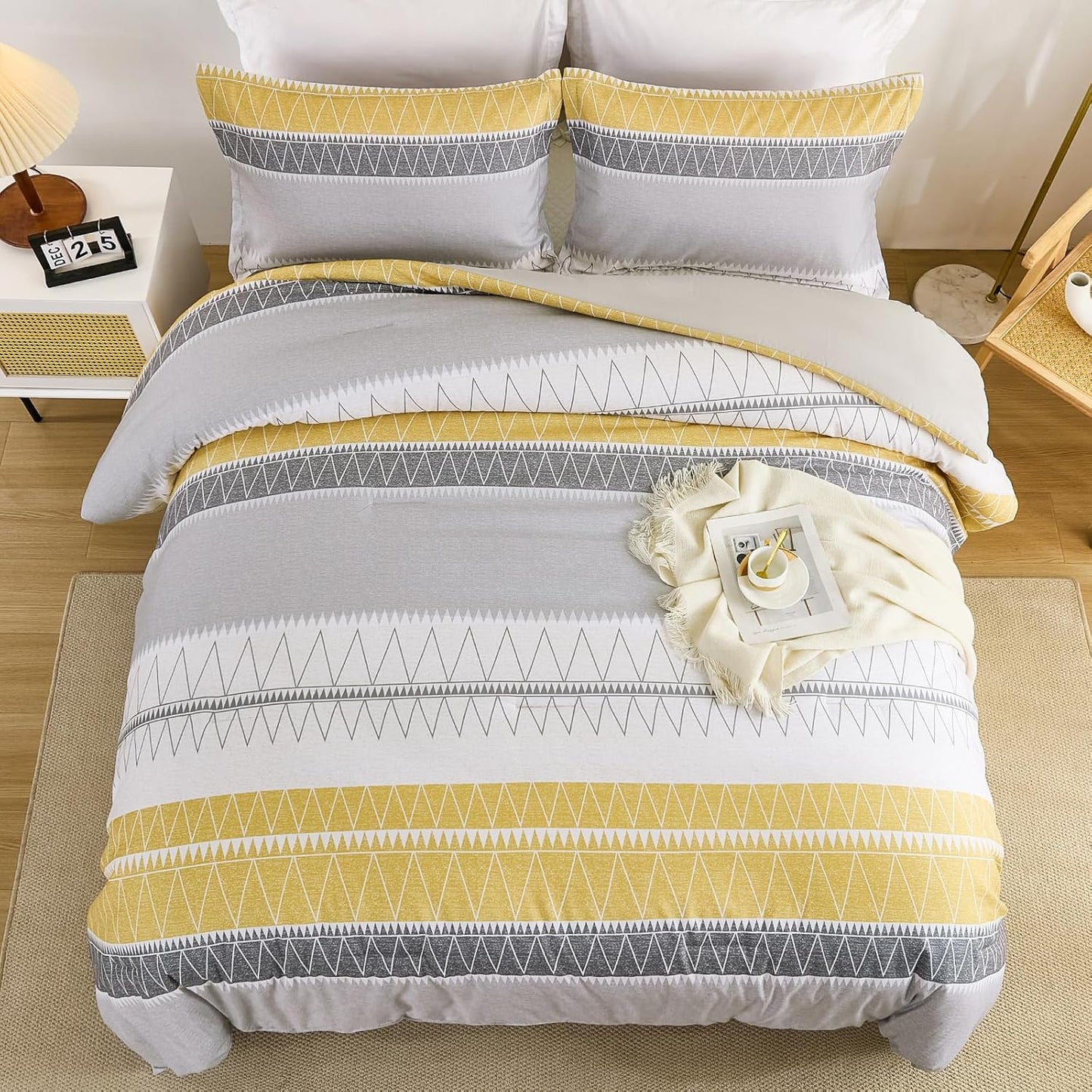 Queen Comforter Set-Yellow Grey Comforter, Reversible Boho Striped Bedding Set for Queen Bed - 3 Pieces (1 Comforter + 2 Pillowcases), Soft Microfiber Down Alternative (90"x 90")