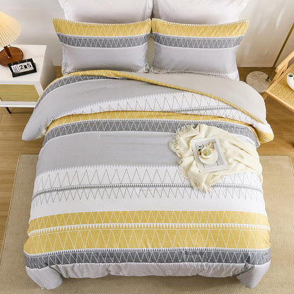 Queen Comforter Set-Yellow Grey Comforter, Reversible Boho Striped Bedding Set for Queen Bed - 3 Pieces (1 Comforter + 2 Pillowcases), Soft Microfiber Down Alternative (90"x 90")