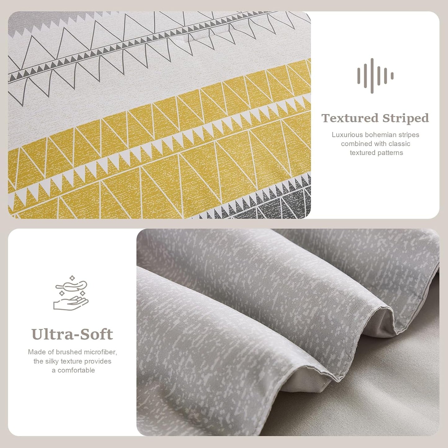 Queen Comforter Set-Yellow Grey Comforter, Reversible Boho Striped Bedding Set for Queen Bed - 3 Pieces (1 Comforter + 2 Pillowcases), Soft Microfiber Down Alternative (90"x 90")