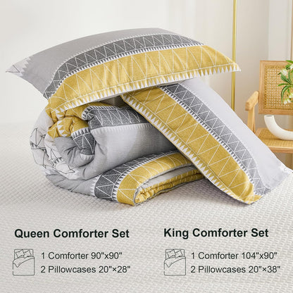 Queen Comforter Set-Yellow Grey Comforter, Reversible Boho Striped Bedding Set for Queen Bed - 3 Pieces (1 Comforter + 2 Pillowcases), Soft Microfiber Down Alternative (90"x 90")
